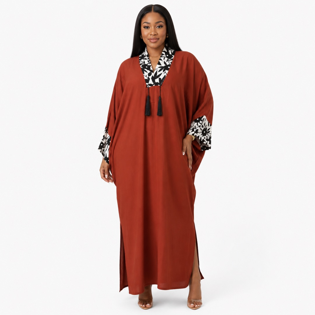 Womens Premium Rust Brown Floral Contrast Kaftan Maxi Dress