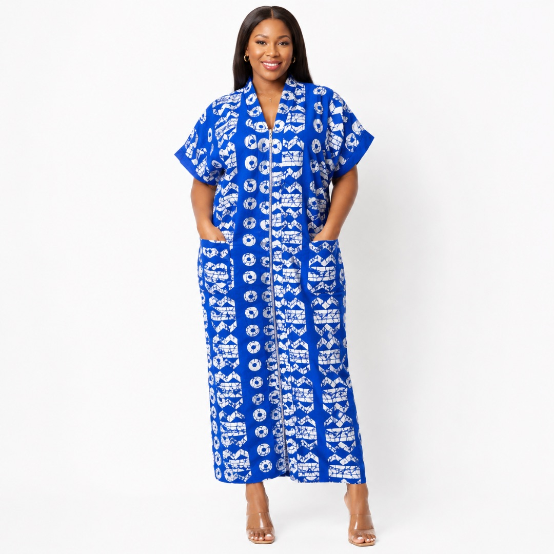 Womens Premium Royal Blue Abstract Print Zip Up Kaftan Dress