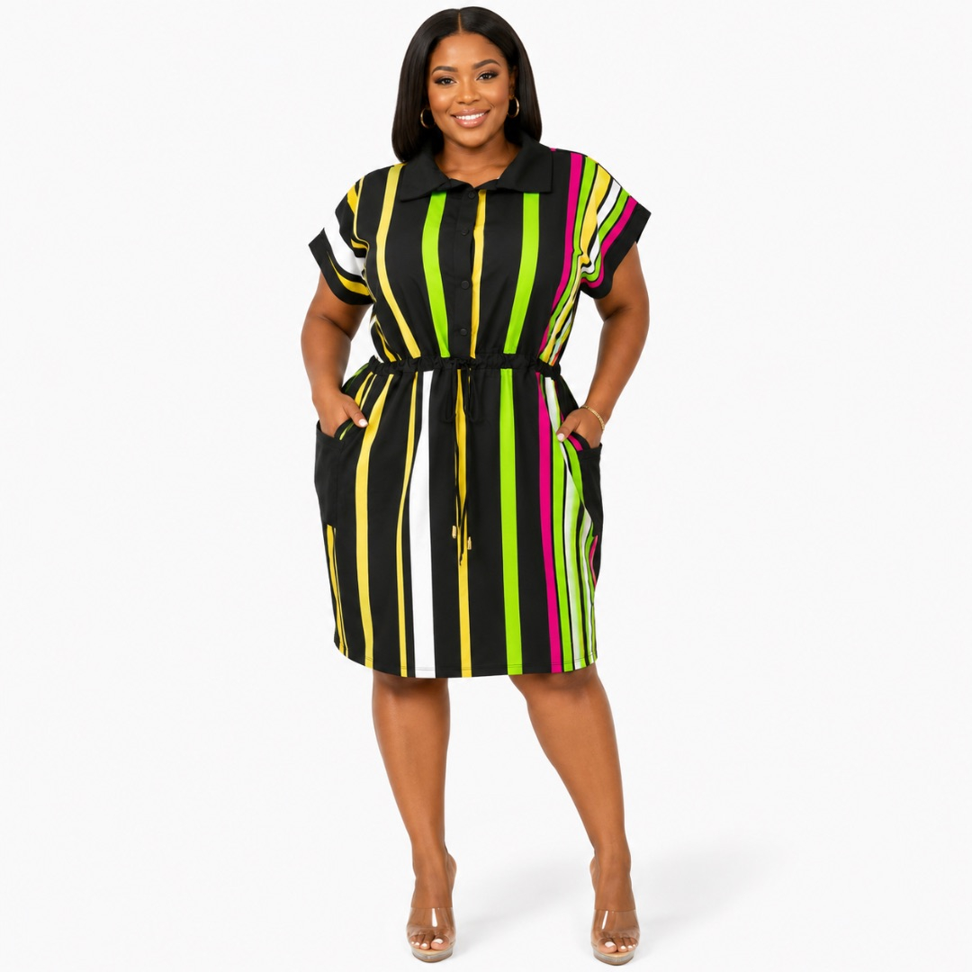 Womens Premium Multicolor Striped Shirt Dress with Drawstring Waist
