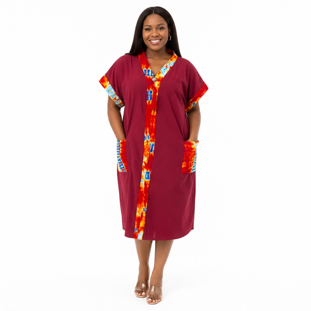 Womens Premium Burgundy Kaftan Dress with Multicolor Ankara Trim