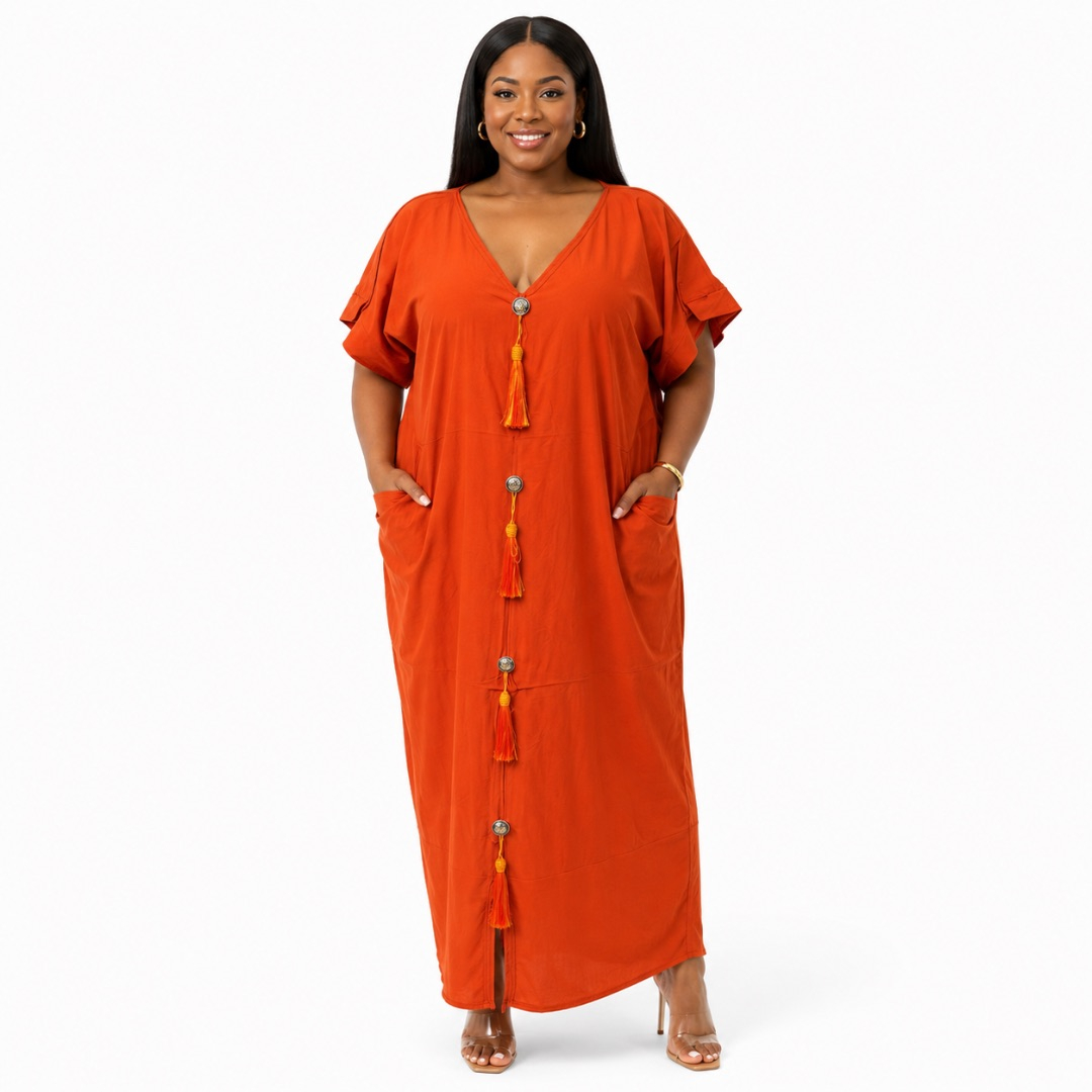 Womens Premium Rust Orange Button Detail Kaftan Dress