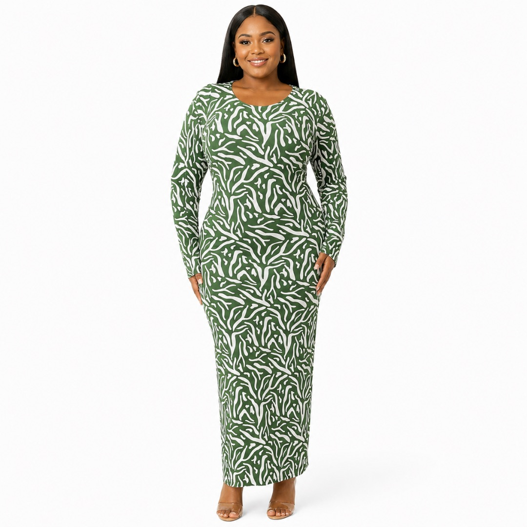 Womens Premium Olive Green Abstract Print Bodycon Midi Dress