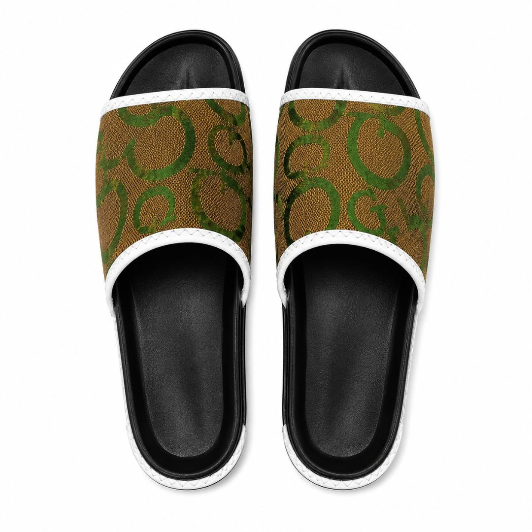 Unisex Monogram Brown and Green Print Slip On Slide Sandals