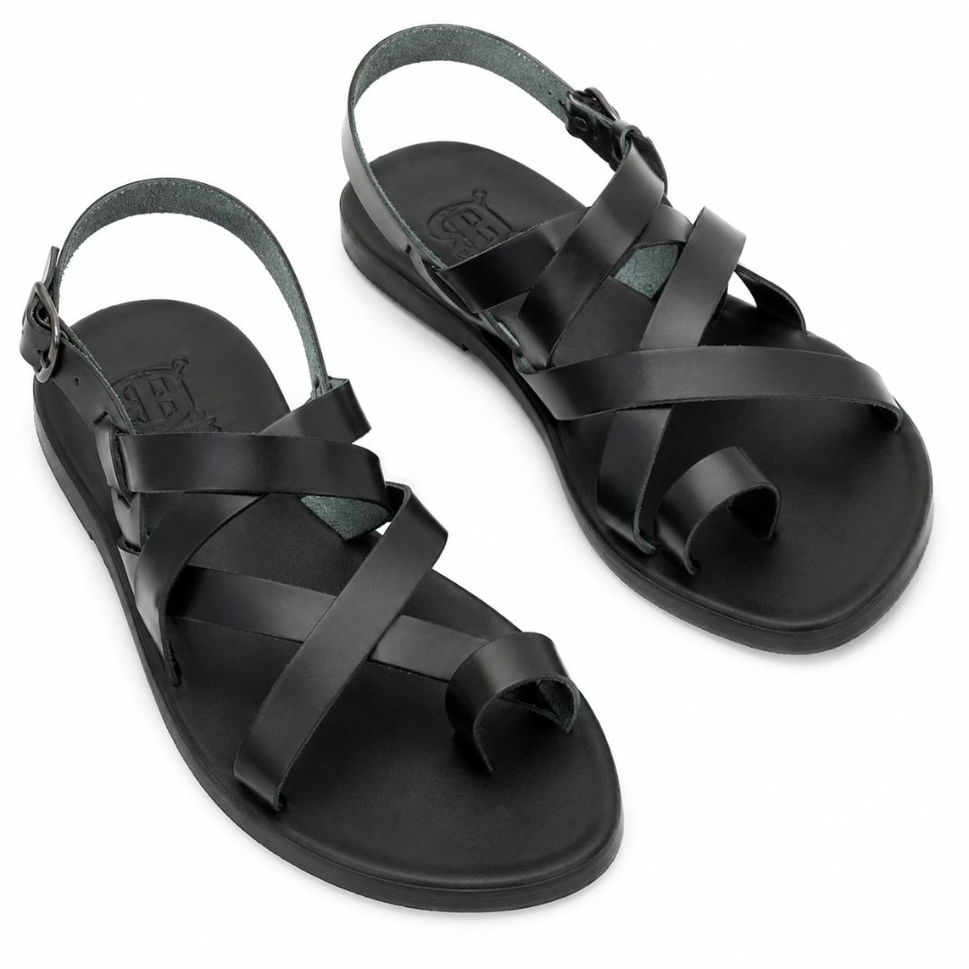 Black Strappy Flat Gladiator Sandals with Adjustable Ankle Buckle