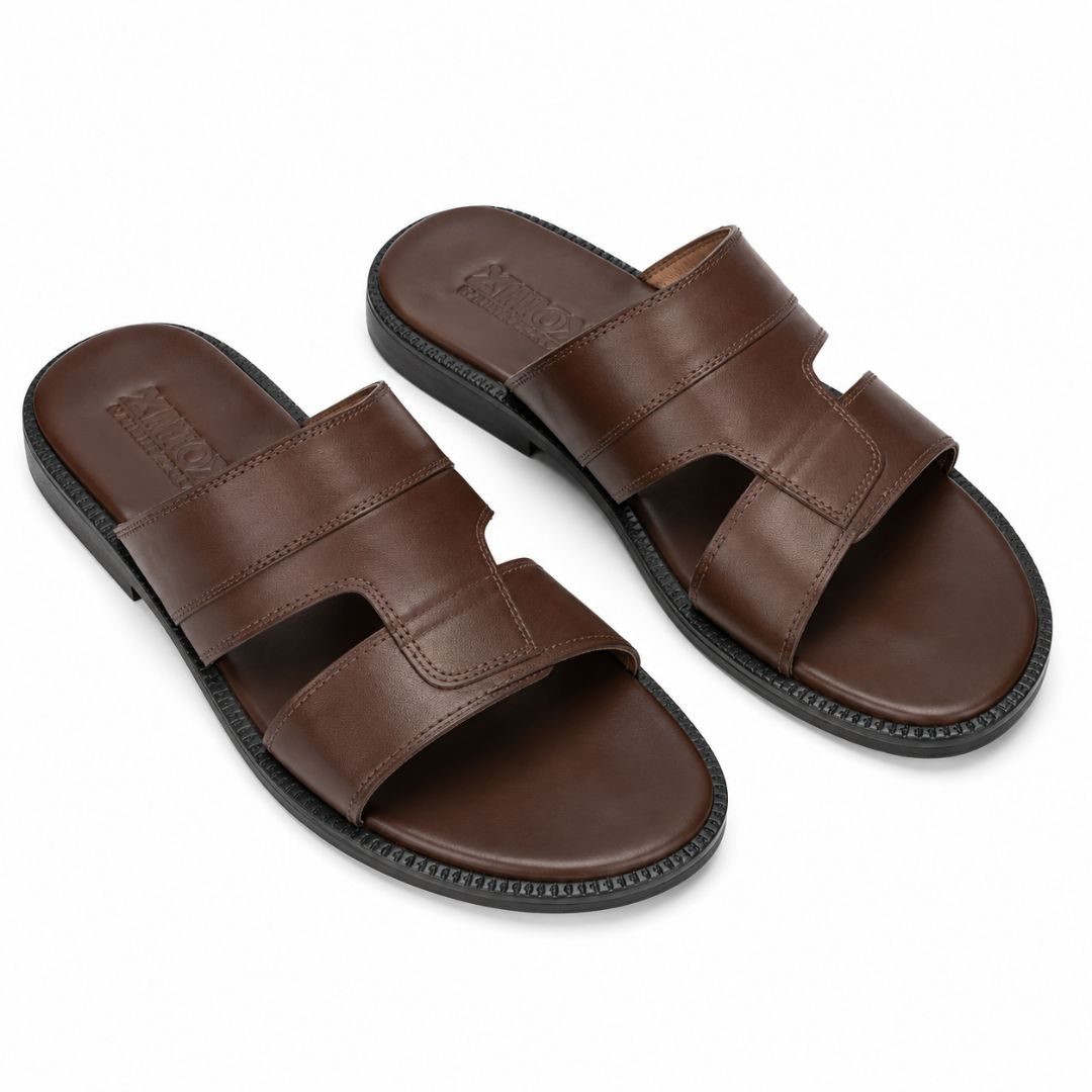 Mens Brown Double Strap Open Toe Comfort Slip On Sandals