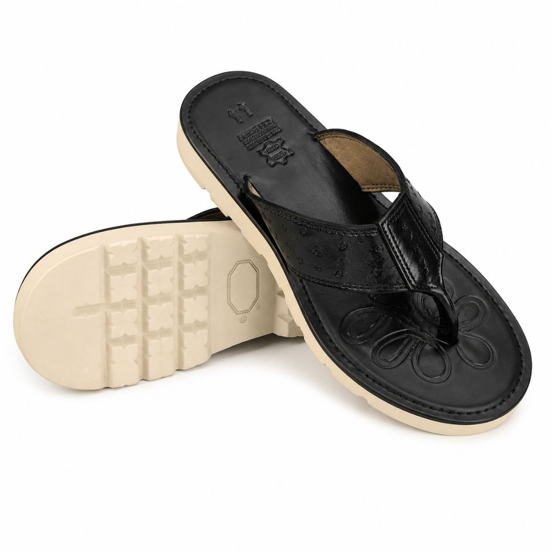 Mens Premium Black Toe Post Leather Sandals