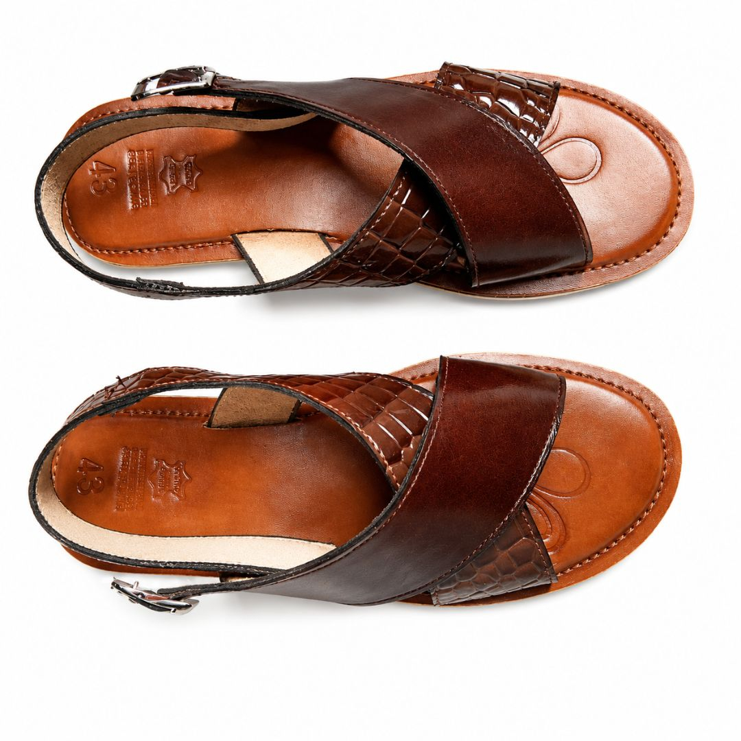 Mens Premium Cross Strap Brown Leather Sandals with Adjustable Buckle