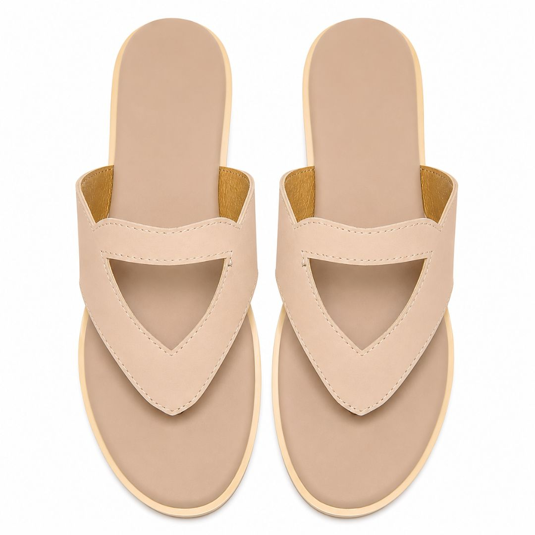 Womens Beige V Strap Flat Slide Sandals with Metallic Charm
