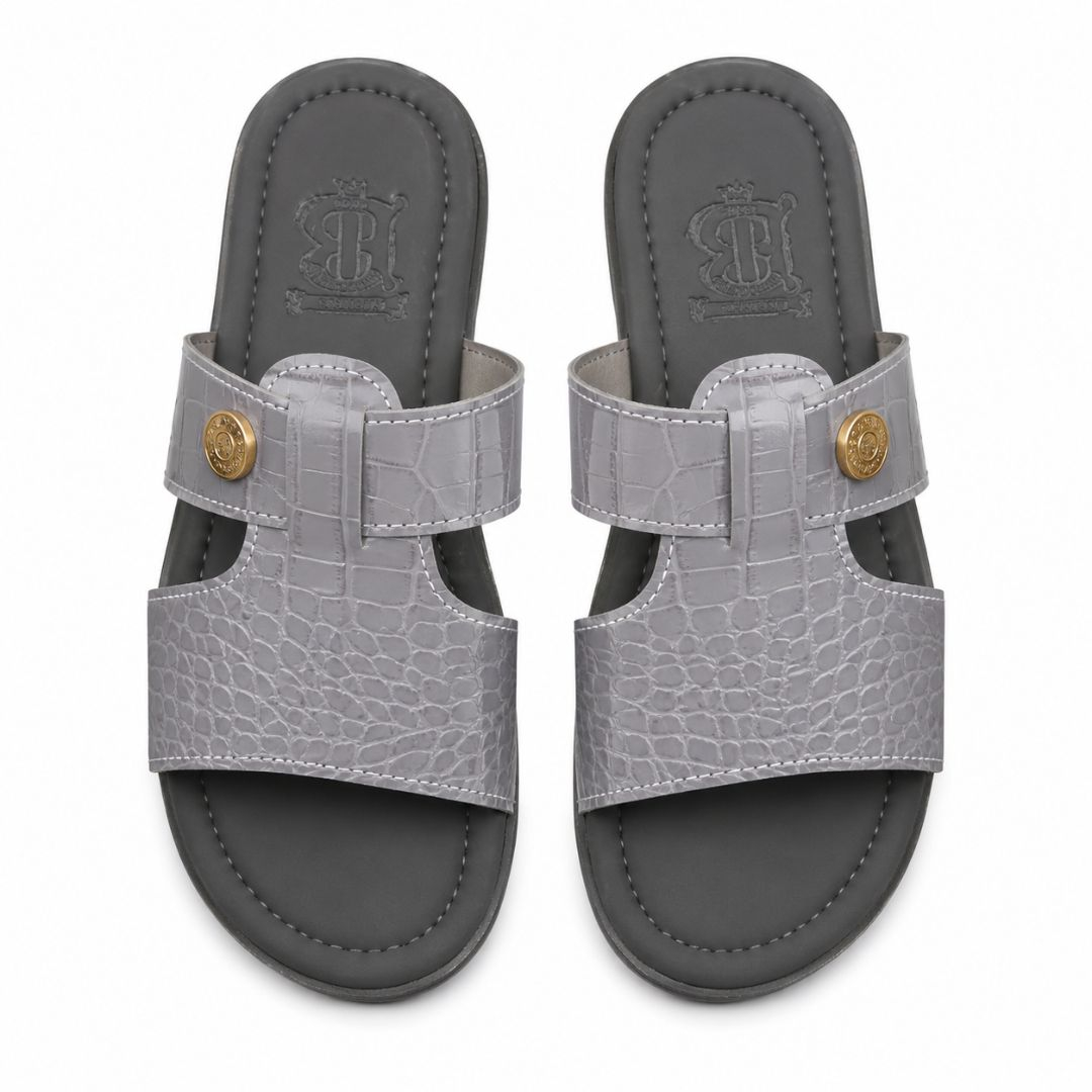Grey Crocodile Texture Double Strap Flat Slide Sandals