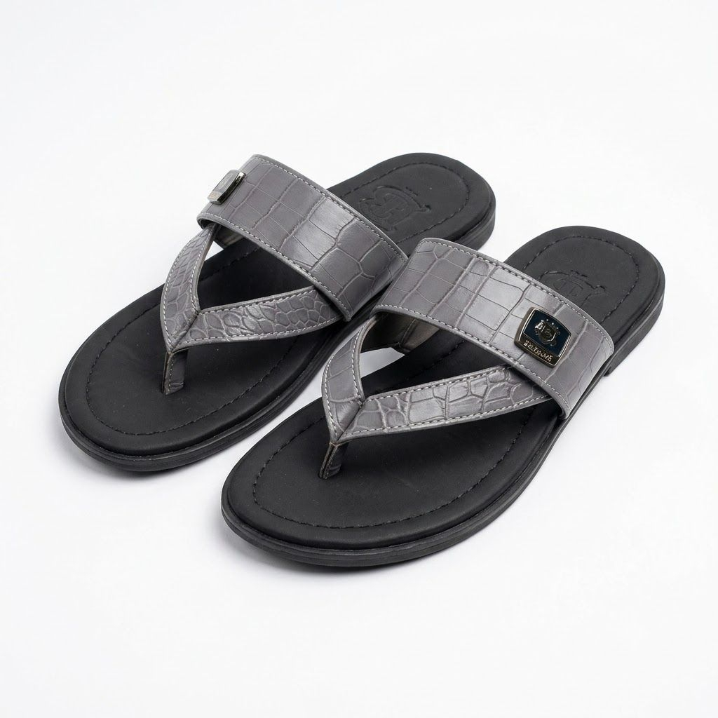 Grey Crocodile Texture V Strap Flat Slide Sandals with Decorative Metal Accent
