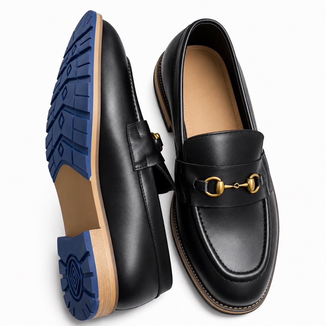 Men Slip On Leather Loafers with Gold Tone Detail