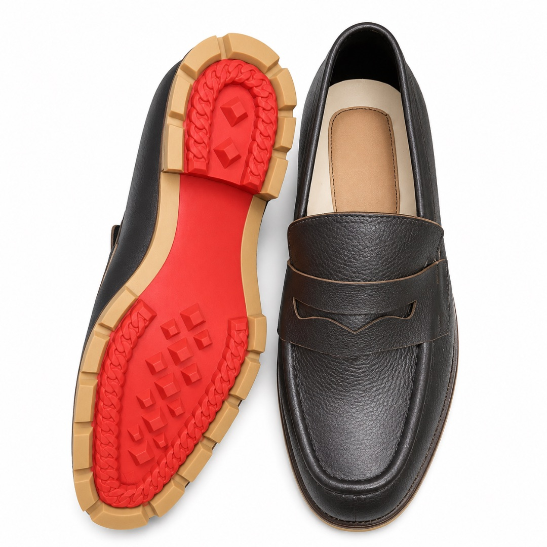 Black Leather Slip On Loafers with Rugged Sole