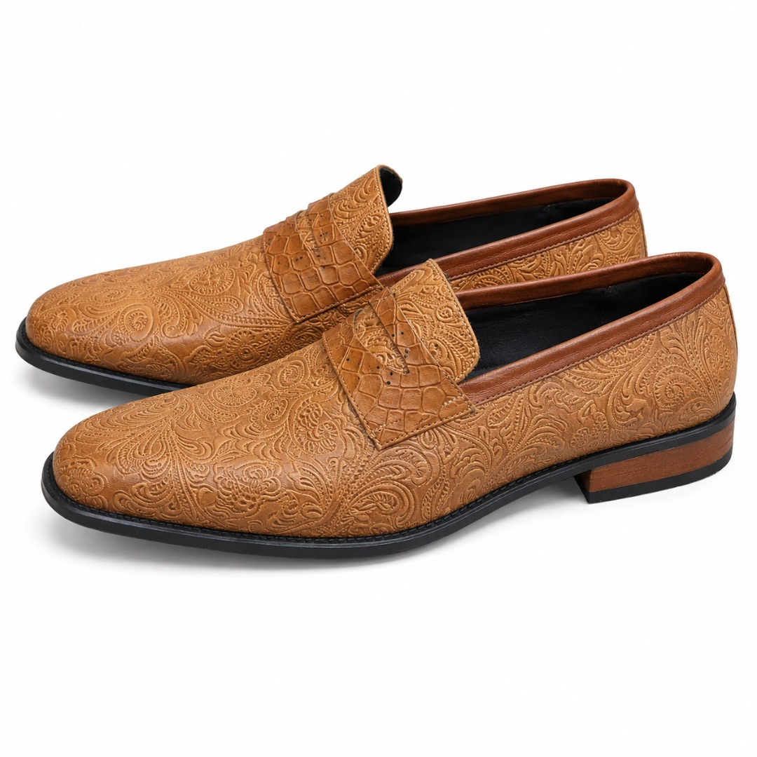 Men Brown Embossed Leather Slip On Loafers