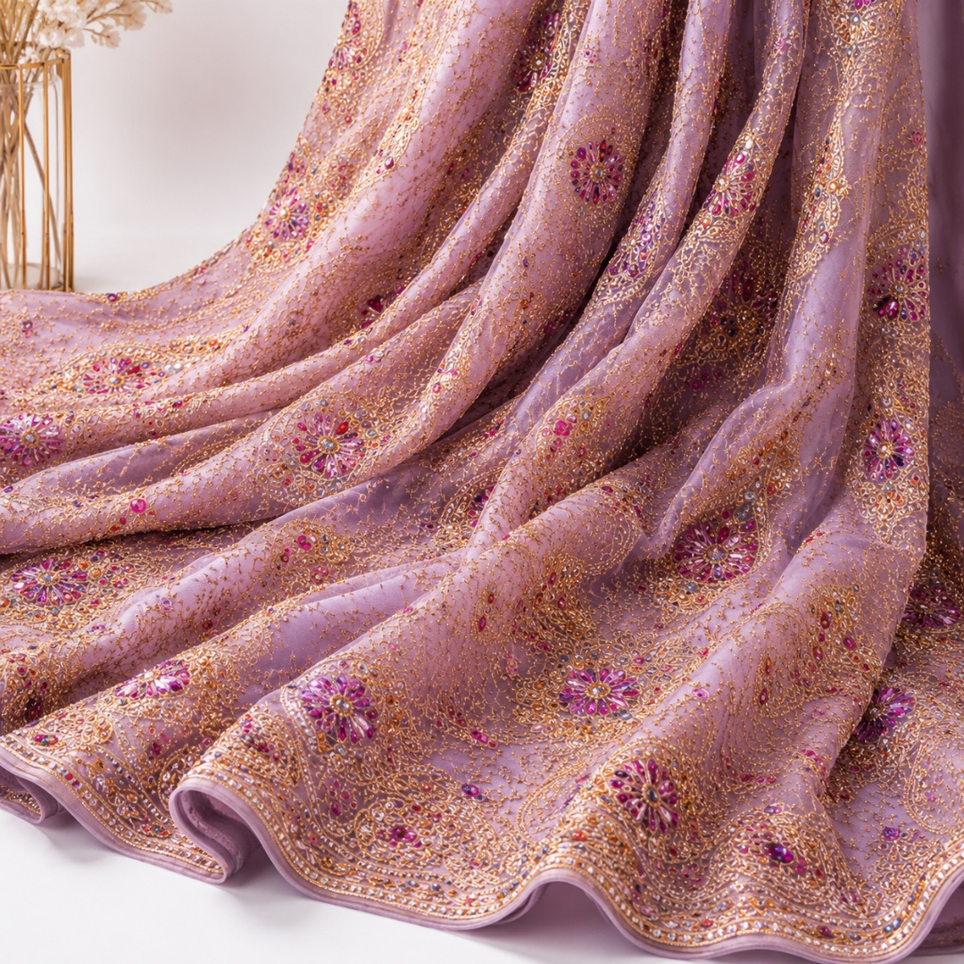 Embroidered Beaded Net Lace Fabric with Floral Pattern