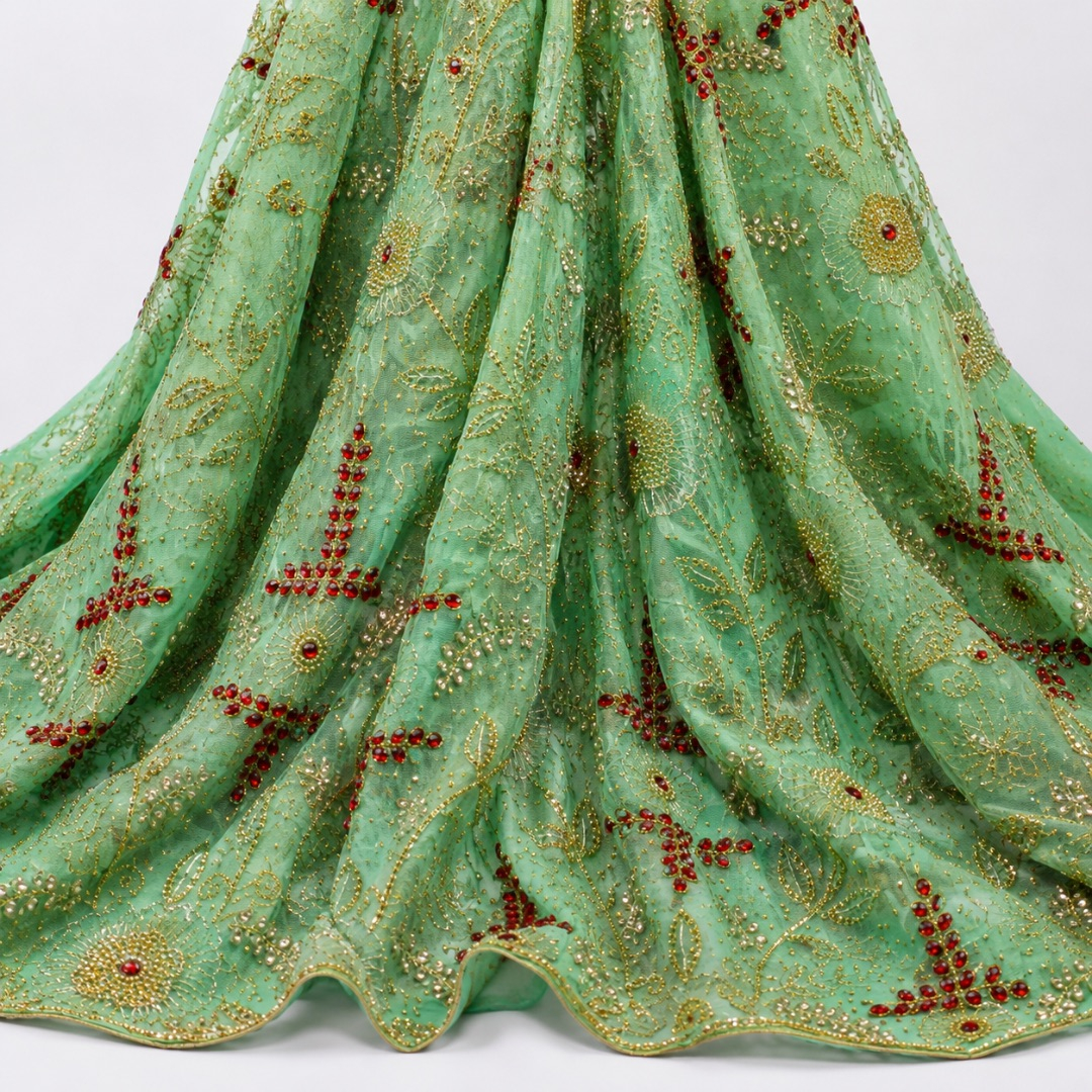 Heavy Embroidered Beaded Net Lace Fabric with Floral Cross Motifs