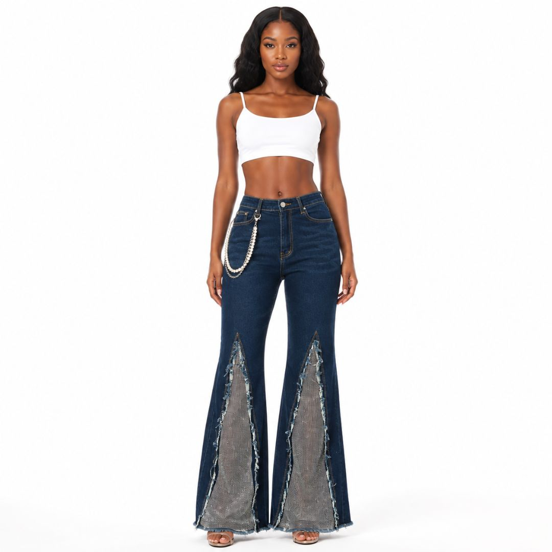 High Waist Rhinestone Flare Denim Jeans