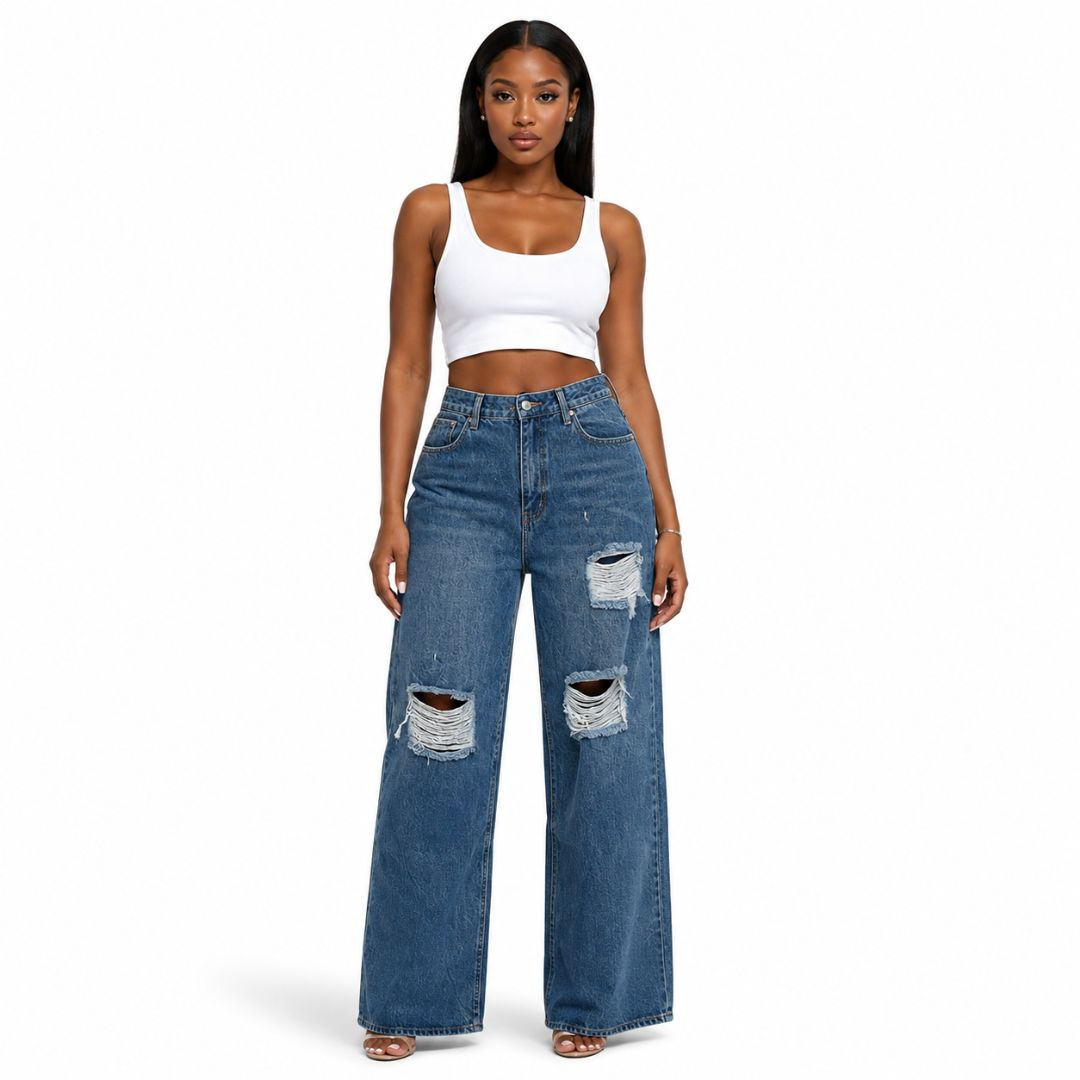 High Waist Distressed Wide Leg Denim Jeans