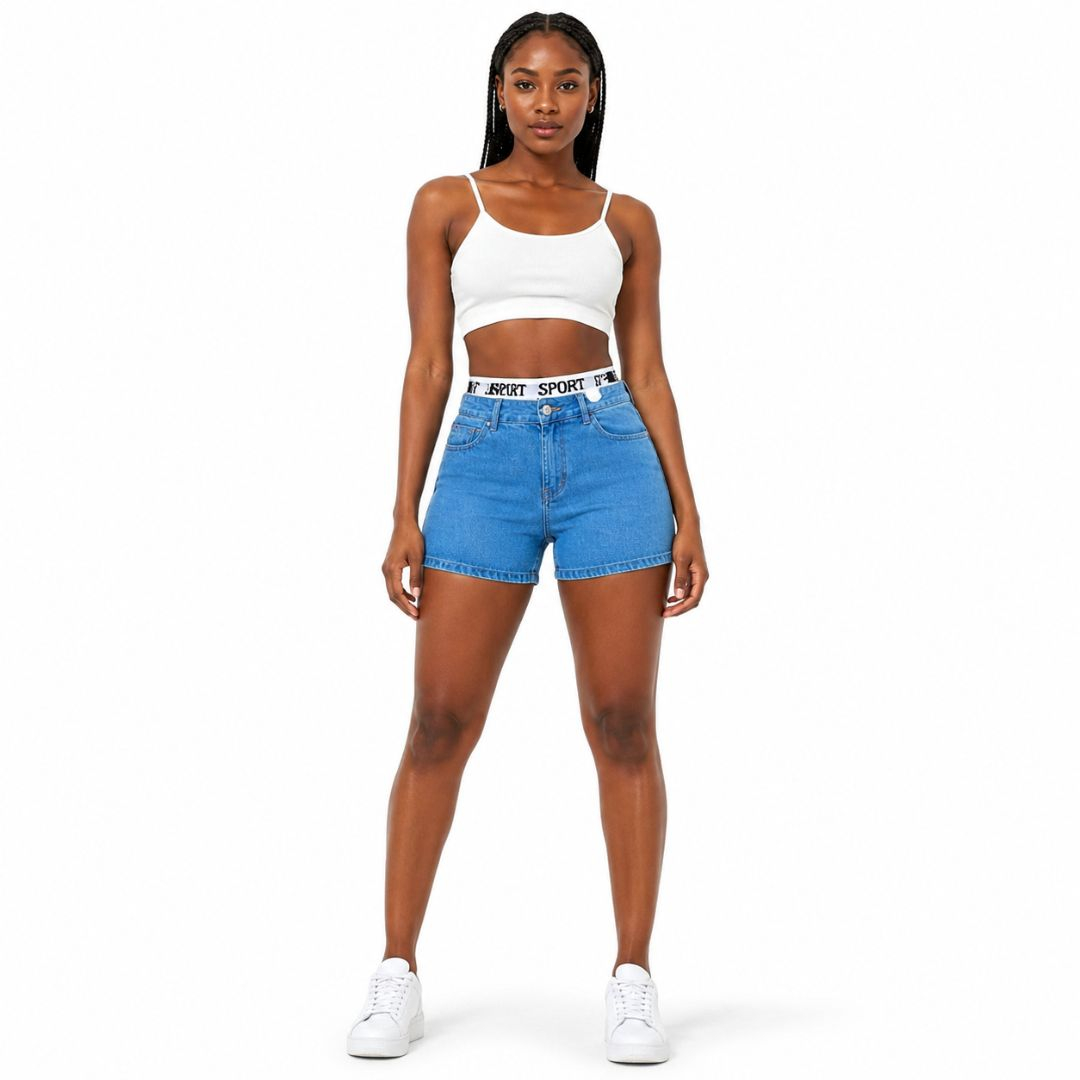 Denim Bermuda Shorts with Sport Logo Waistband