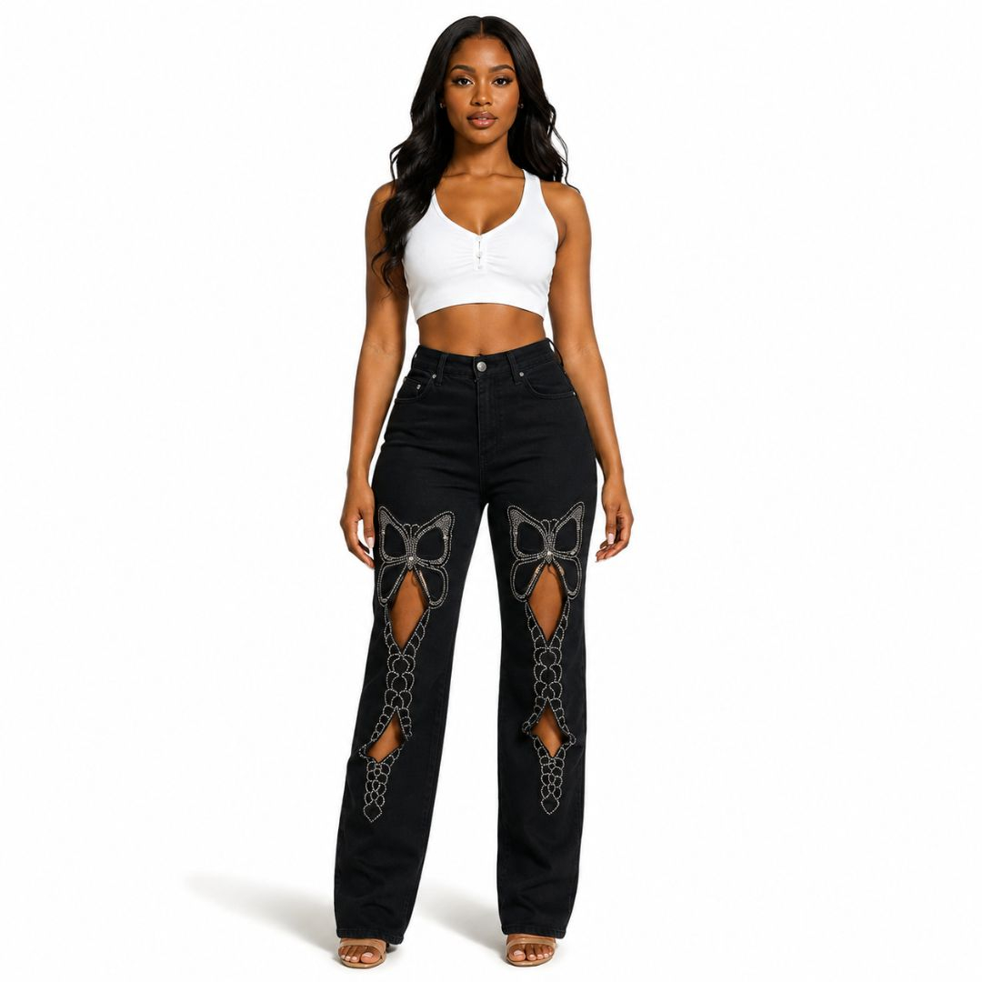 Women Black Wide Leg Rhinestone Bow Denim Jeans
