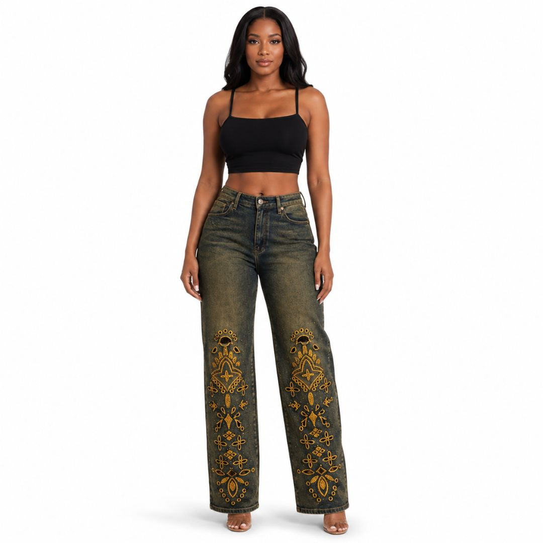 Denim Straight Leg Jeans with Embroidered Leg Detail