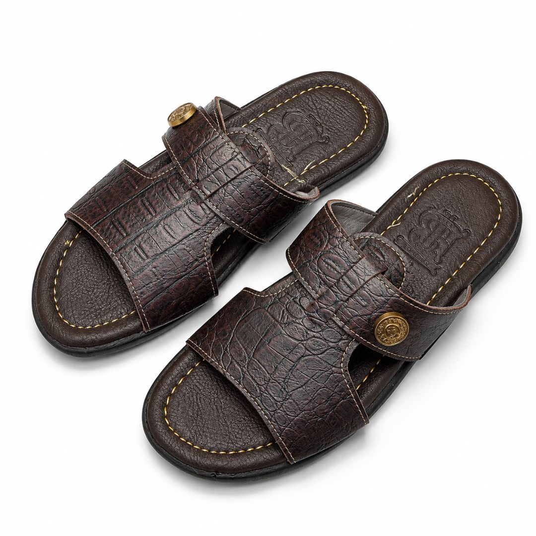 Mens Premium Crocodile Texture Double Strap Slip On Sandals