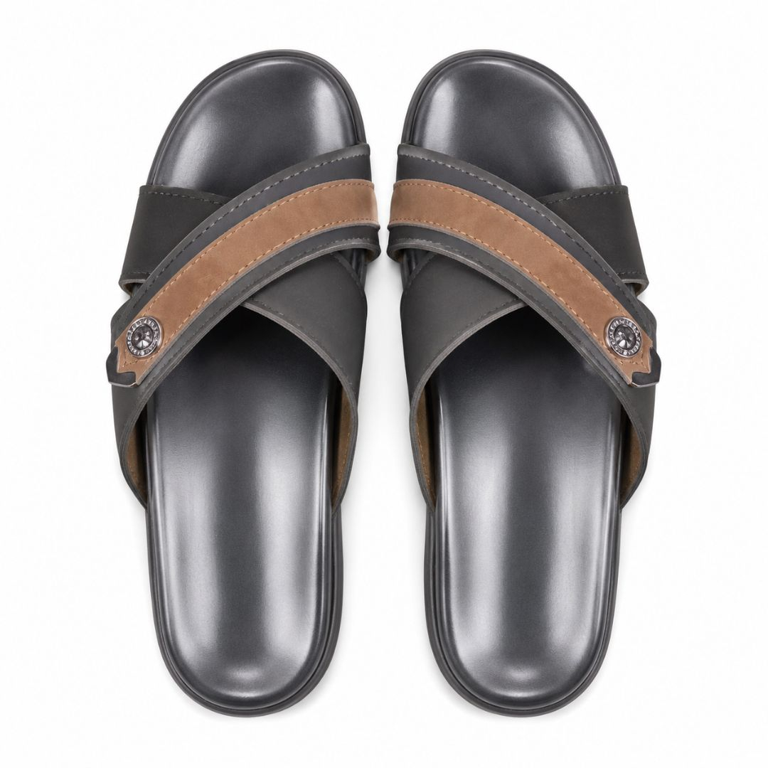 Mens Black and Brown cross Strap  Slip On Sandals