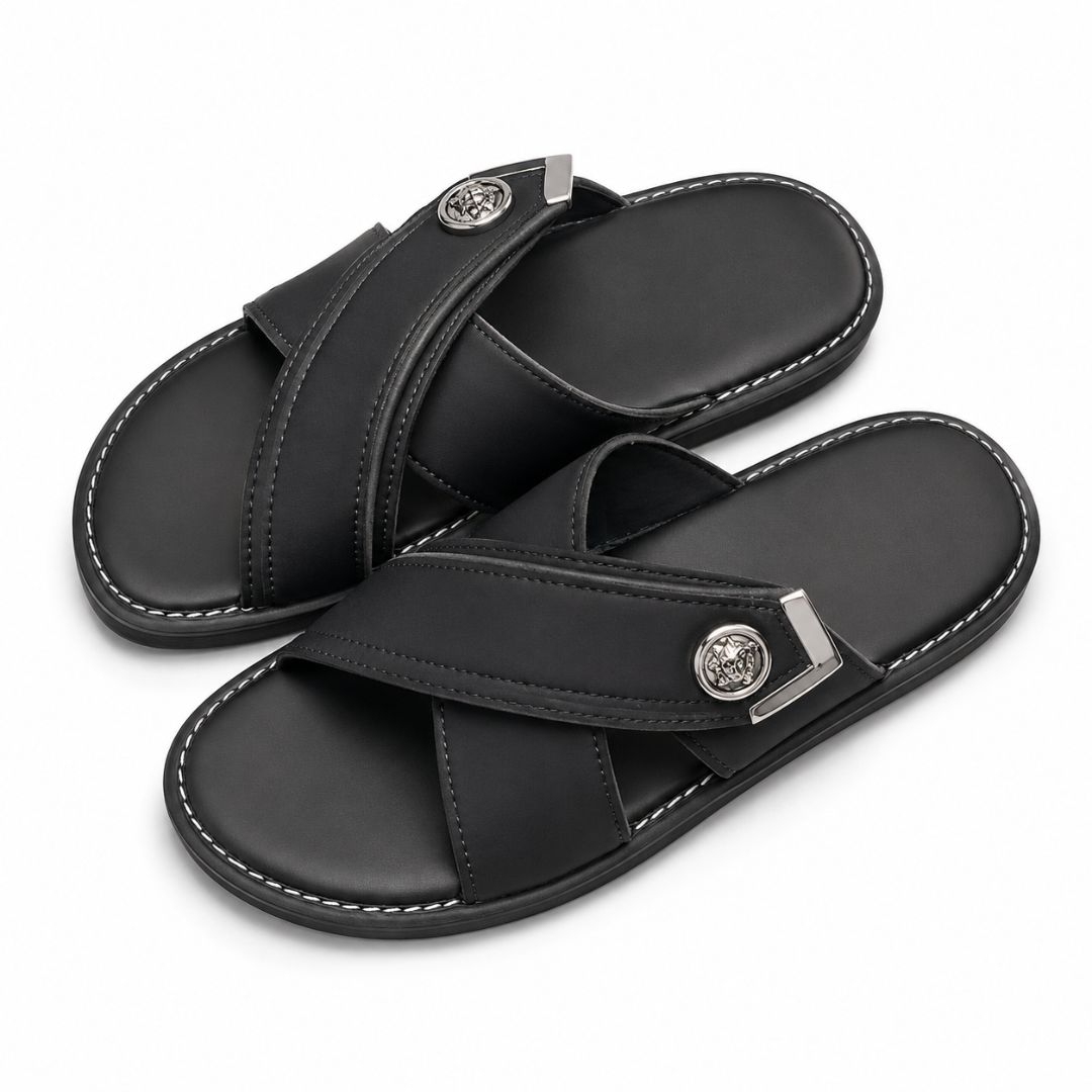 Mens Black Cross Strap Slip On Casual Comfort Sandals