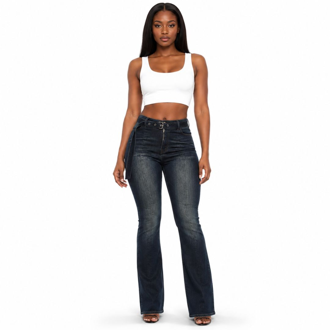 Denim Bootcut Jeans with Belt Detail