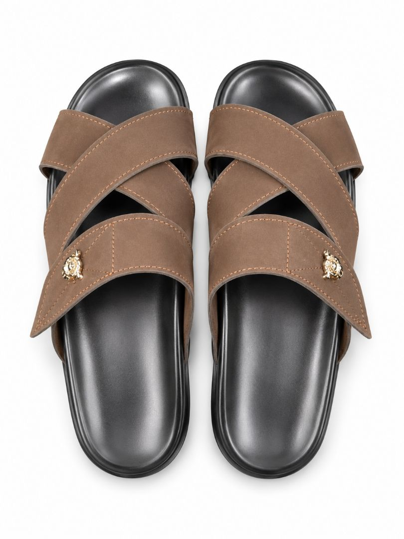 Mens Brown Cross Strap Slip On Casual Comfort Sandals