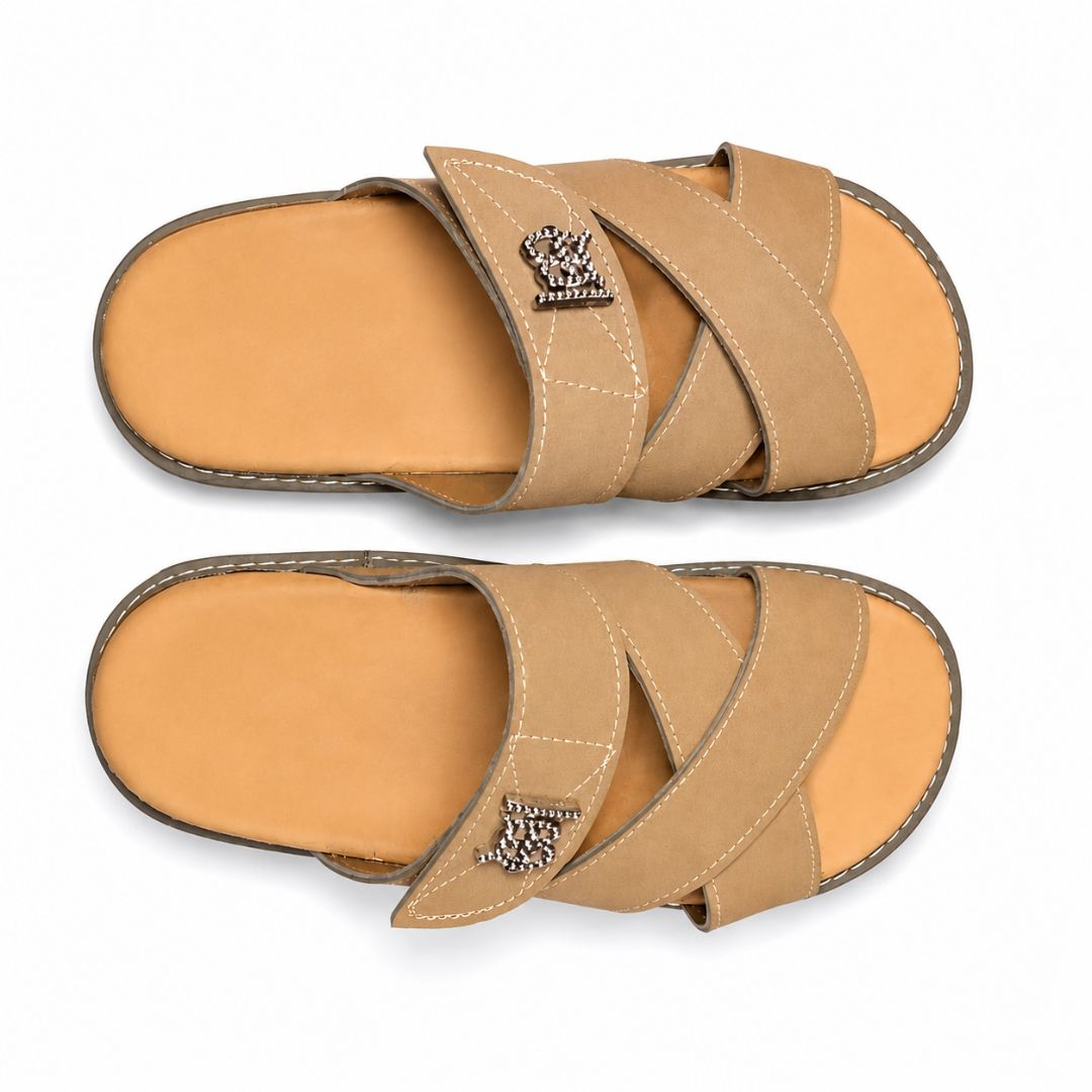 Mens Khaki Cross Strap Slip On Casual Sandals