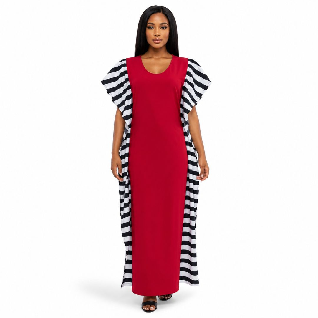 Women Red Maxi Dress with Striped Open Front Duster