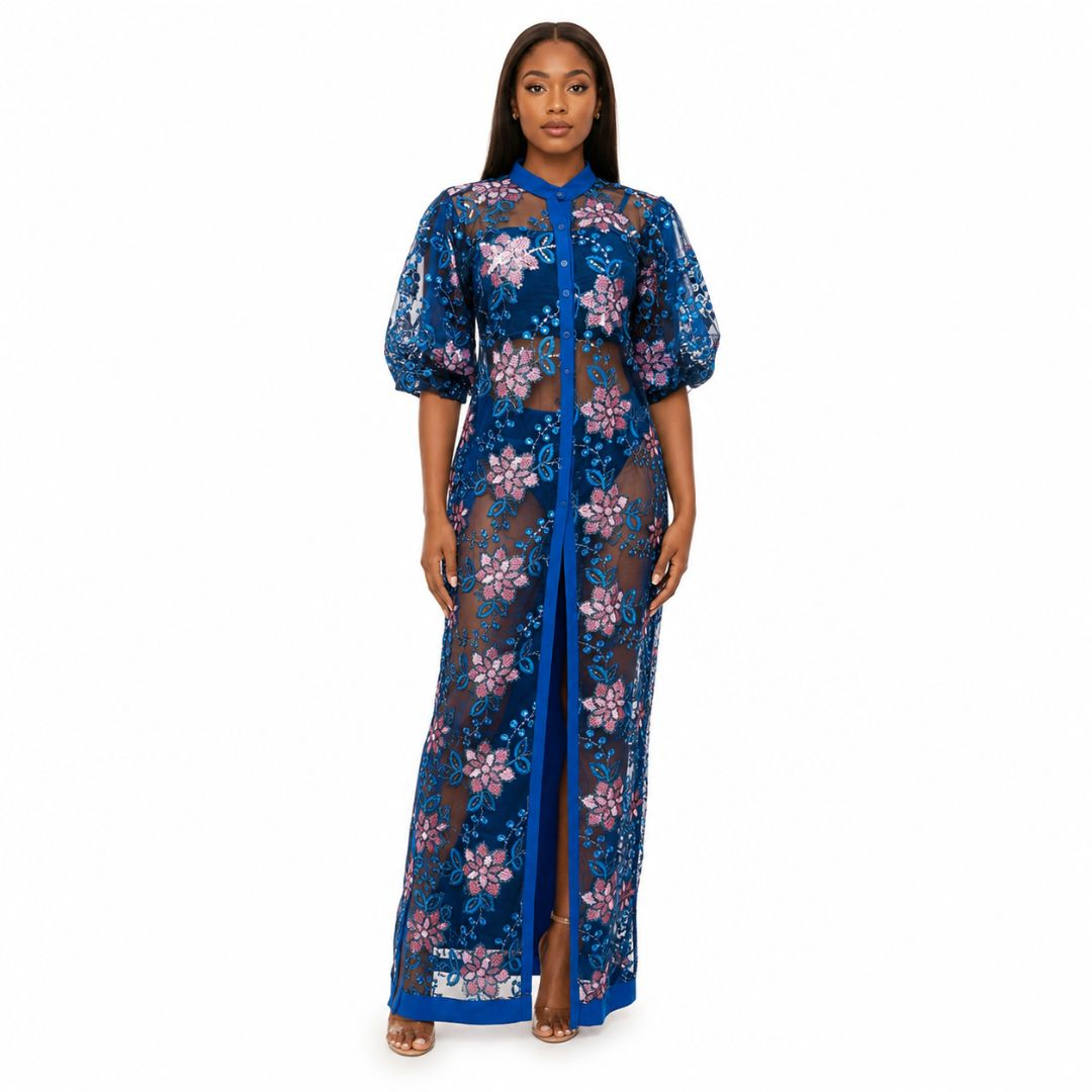 Floral Embroidered Mesh Maxi Duster