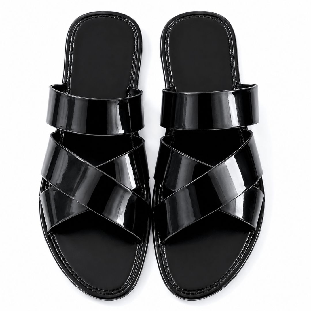 Womens Black Glossy Multi Strap Flat Slide Sandals
