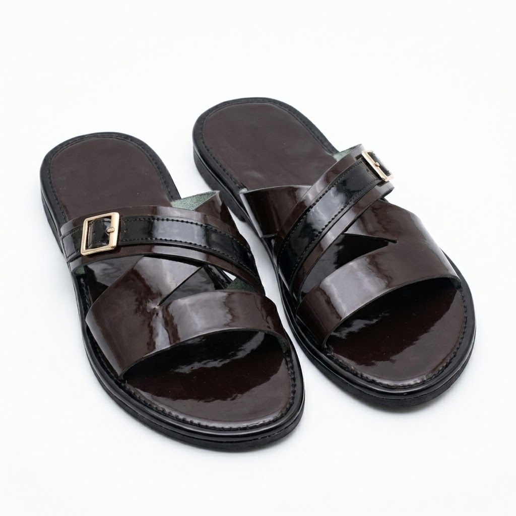 Mens Brown and Black Dual Strap Buckle Slide Sandals