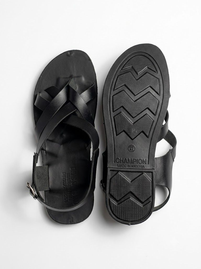 Mens Black Cross Strap Buckle Flat Sandals