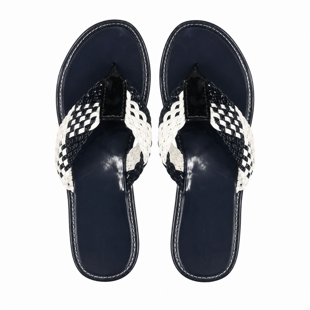 Womens Woven Two Tone Flat Thong Sandals