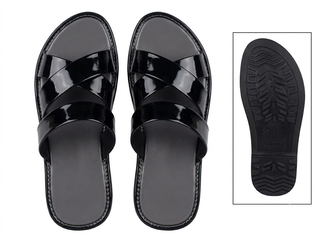Black Glossy Crisscross Flat Slide Sandals