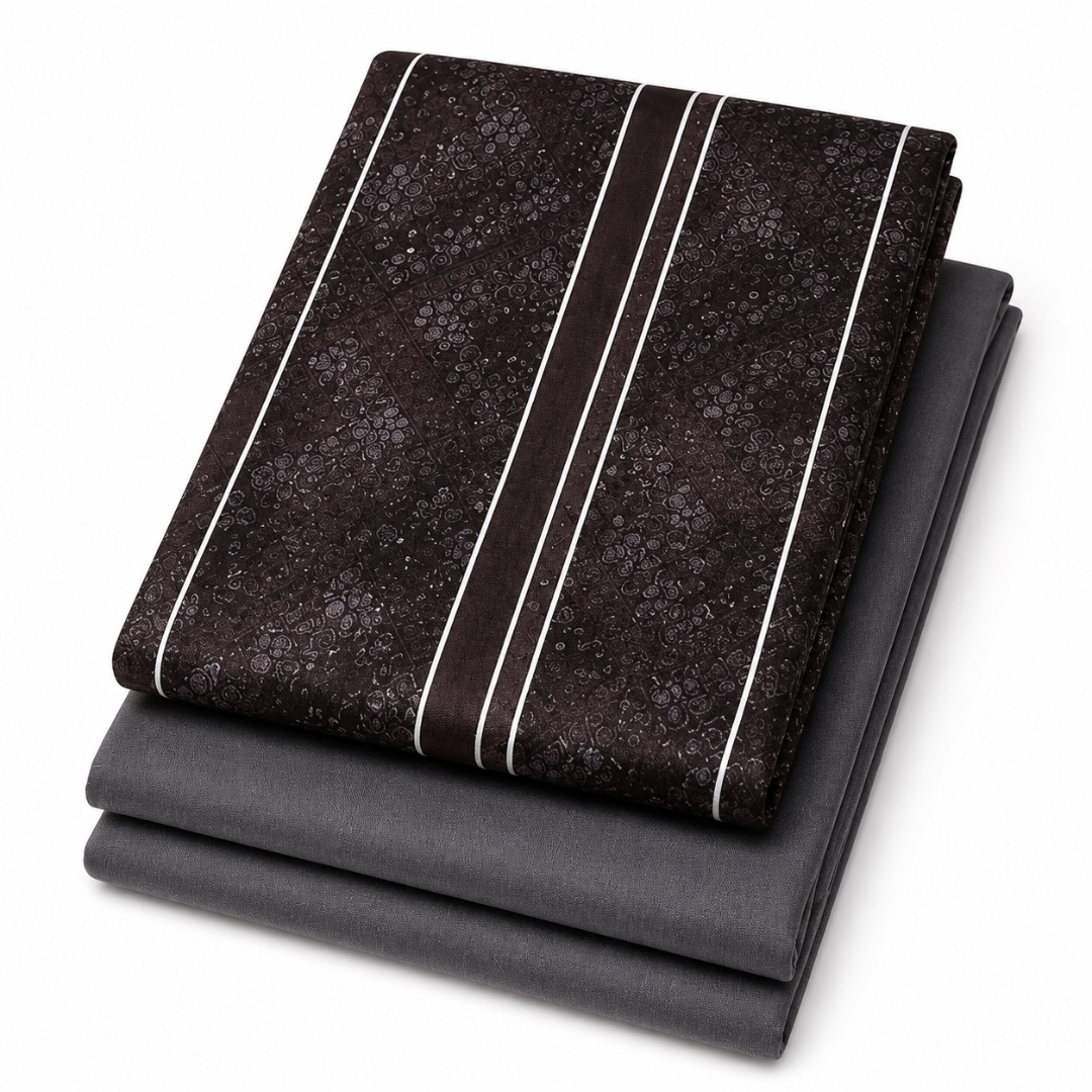 Premium Plain and Pattern Fabric Set    Chocolate Brown and Charcoal Grey