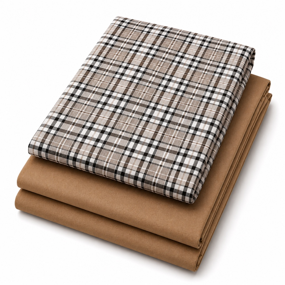 Premium Plain and Pattern Fabric Set      Beige Plaid and Camel Brown