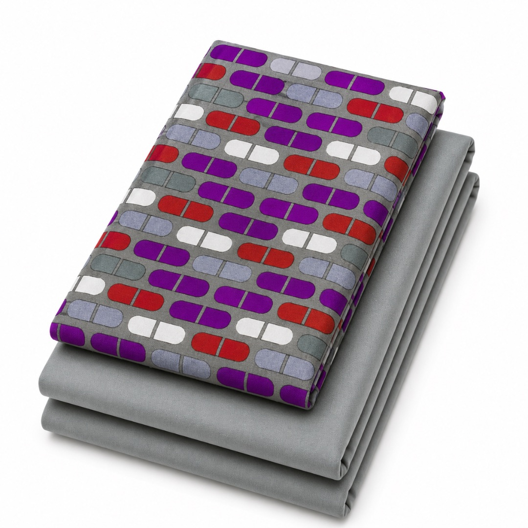 Premium Plain and Pattern cotton Fabric Set      Grey Geometric and Light Grey
