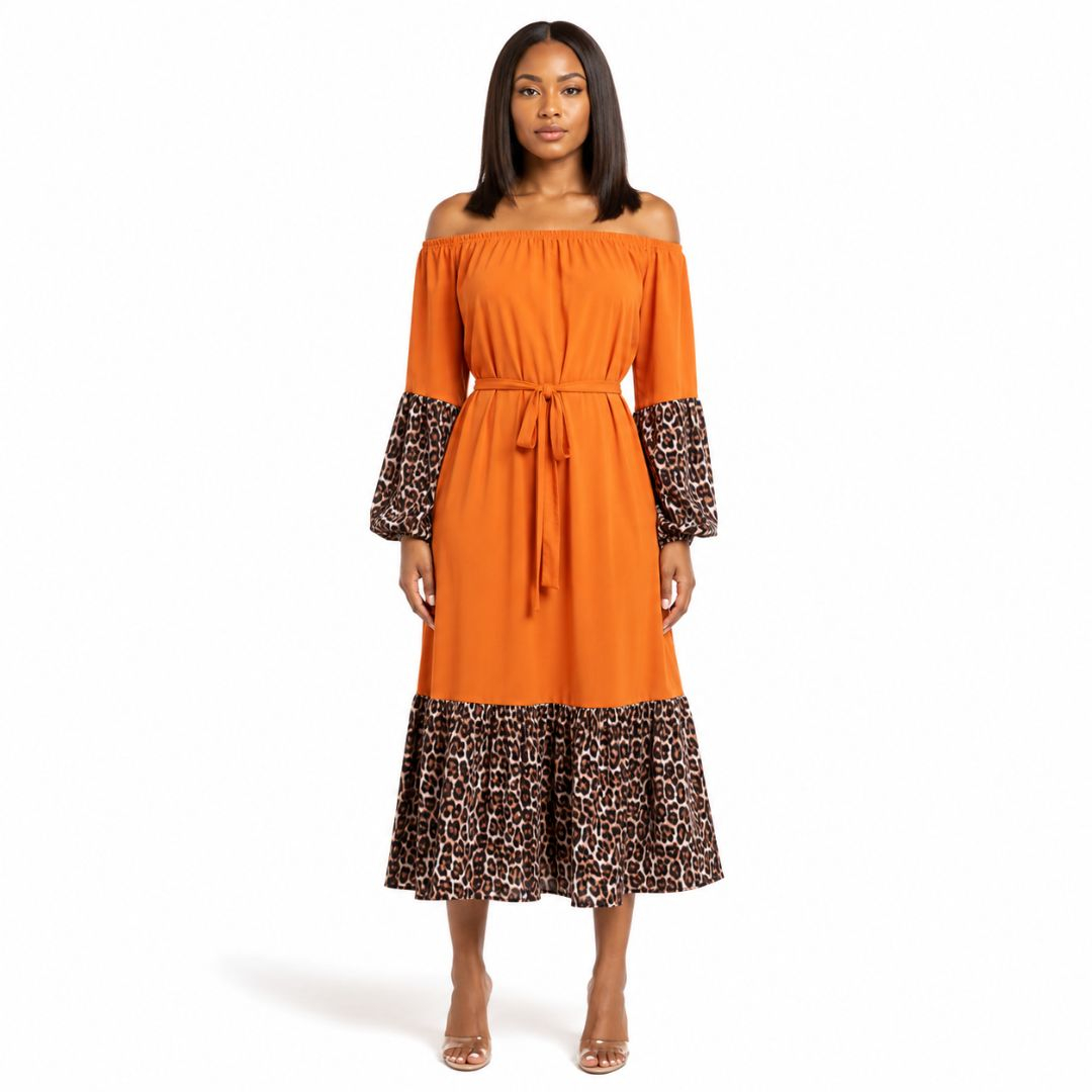 Women Off Shoulder Midi Dress with Leopard Print