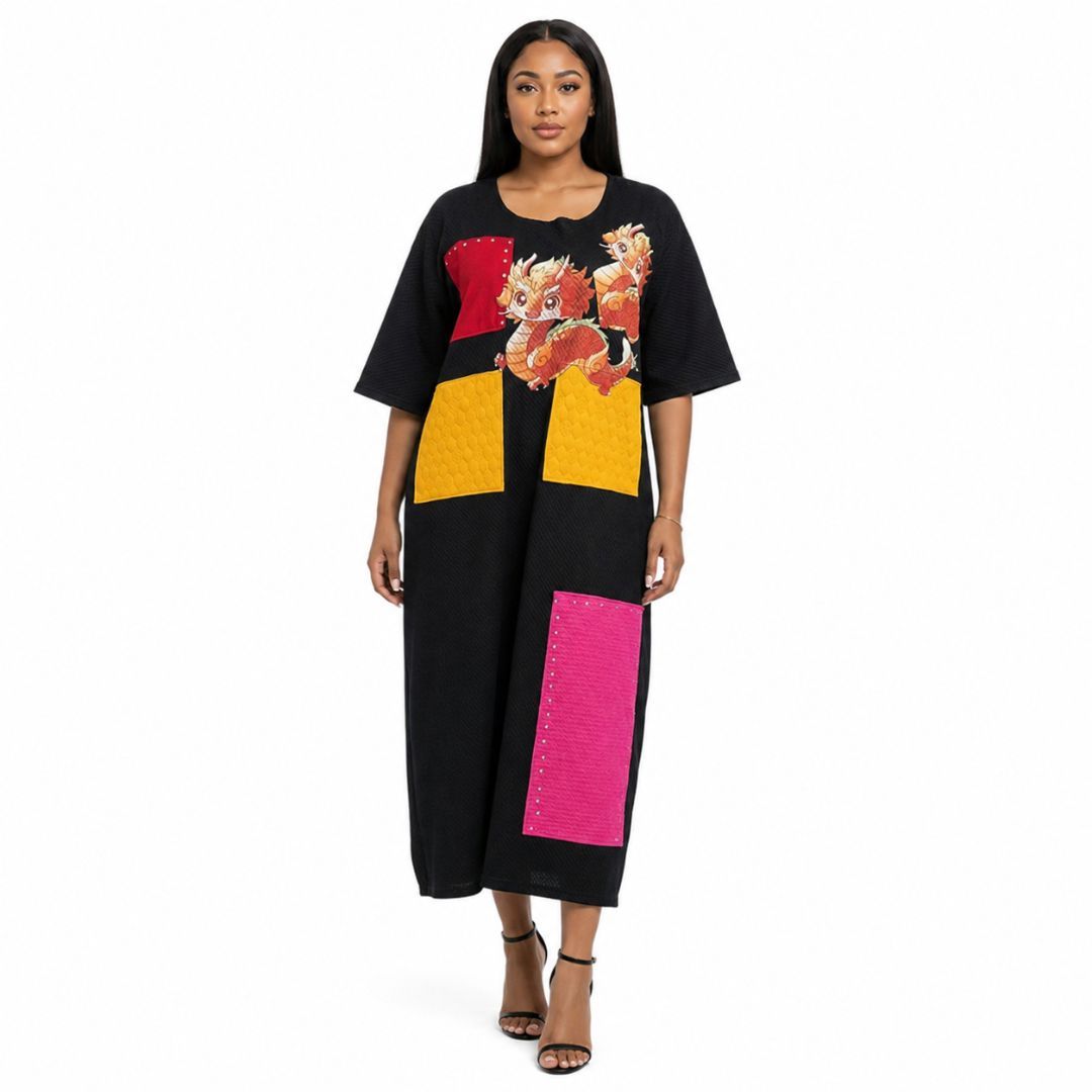 Textured Graphic Midi Dress with Patch Pockets