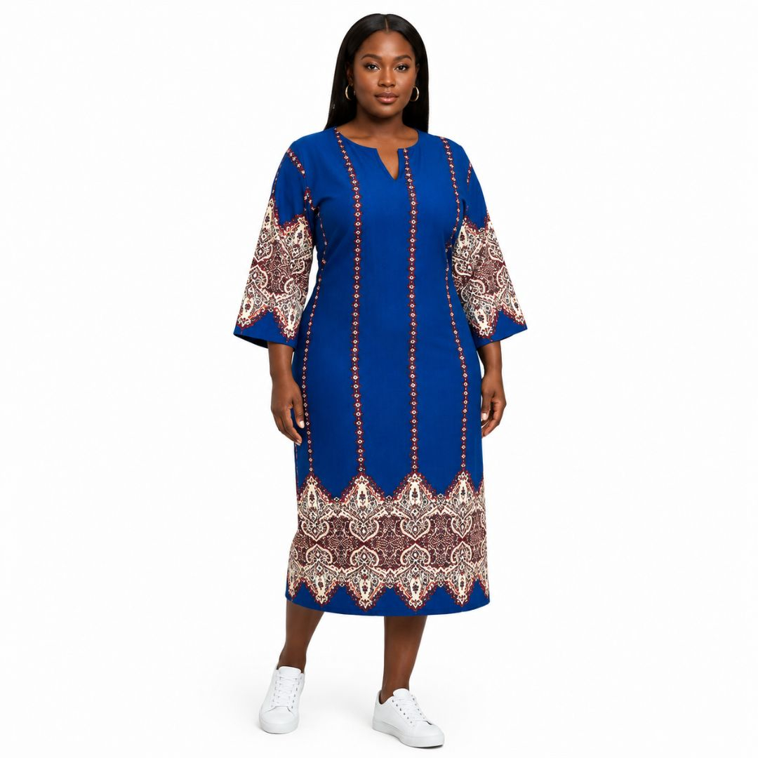 Womens Patterned Blue Caftan Style Tunic Dress
