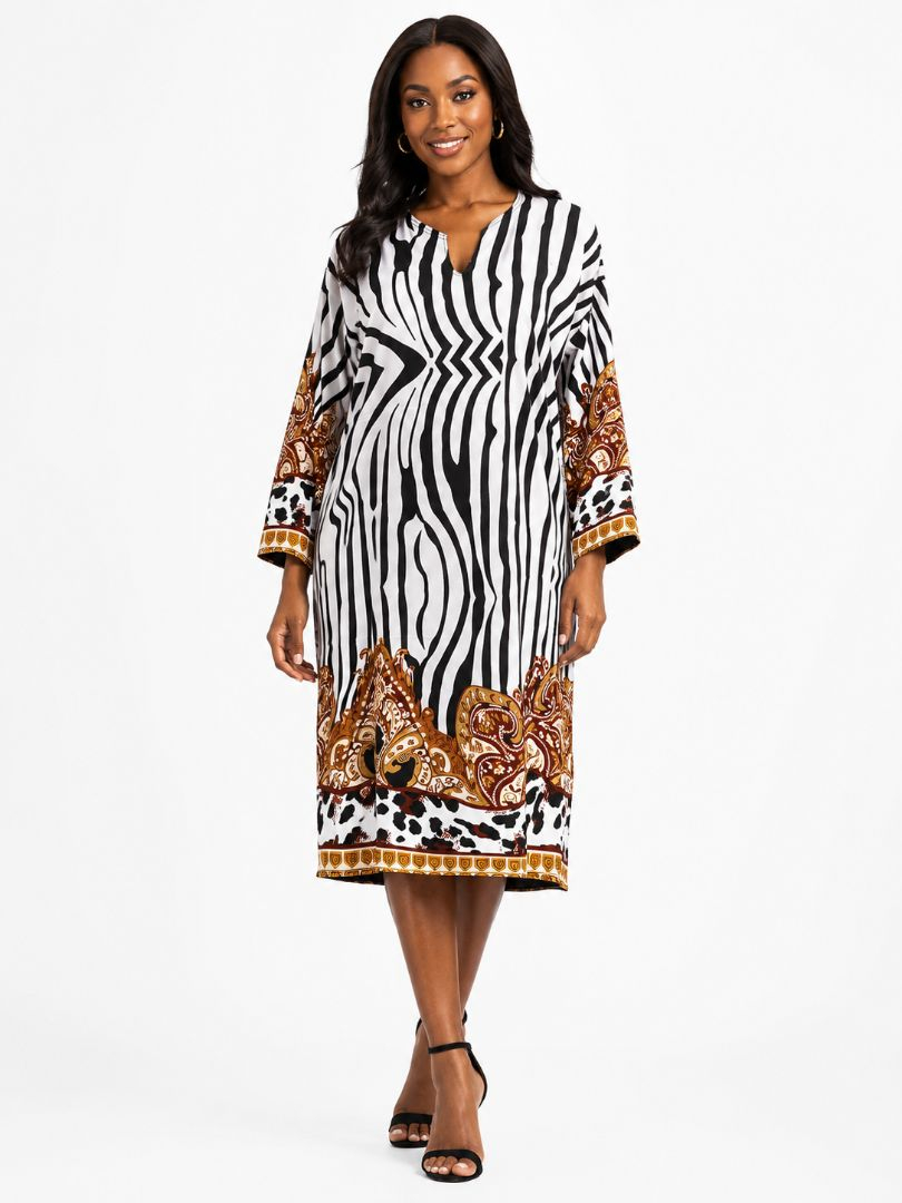 Womens Mixed Print Caftan Tunic Dress