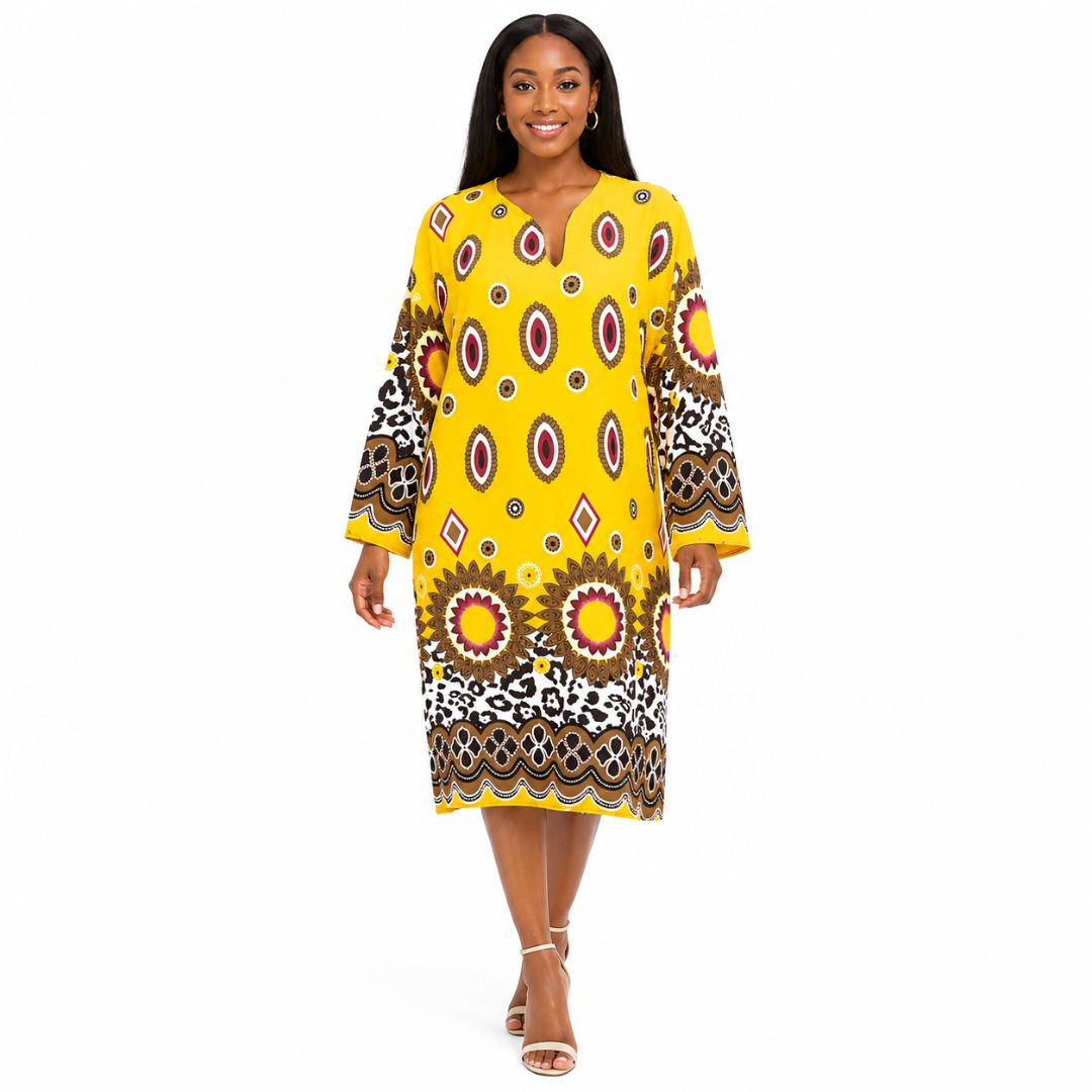Womens Yellow Floral Print Midi Dress