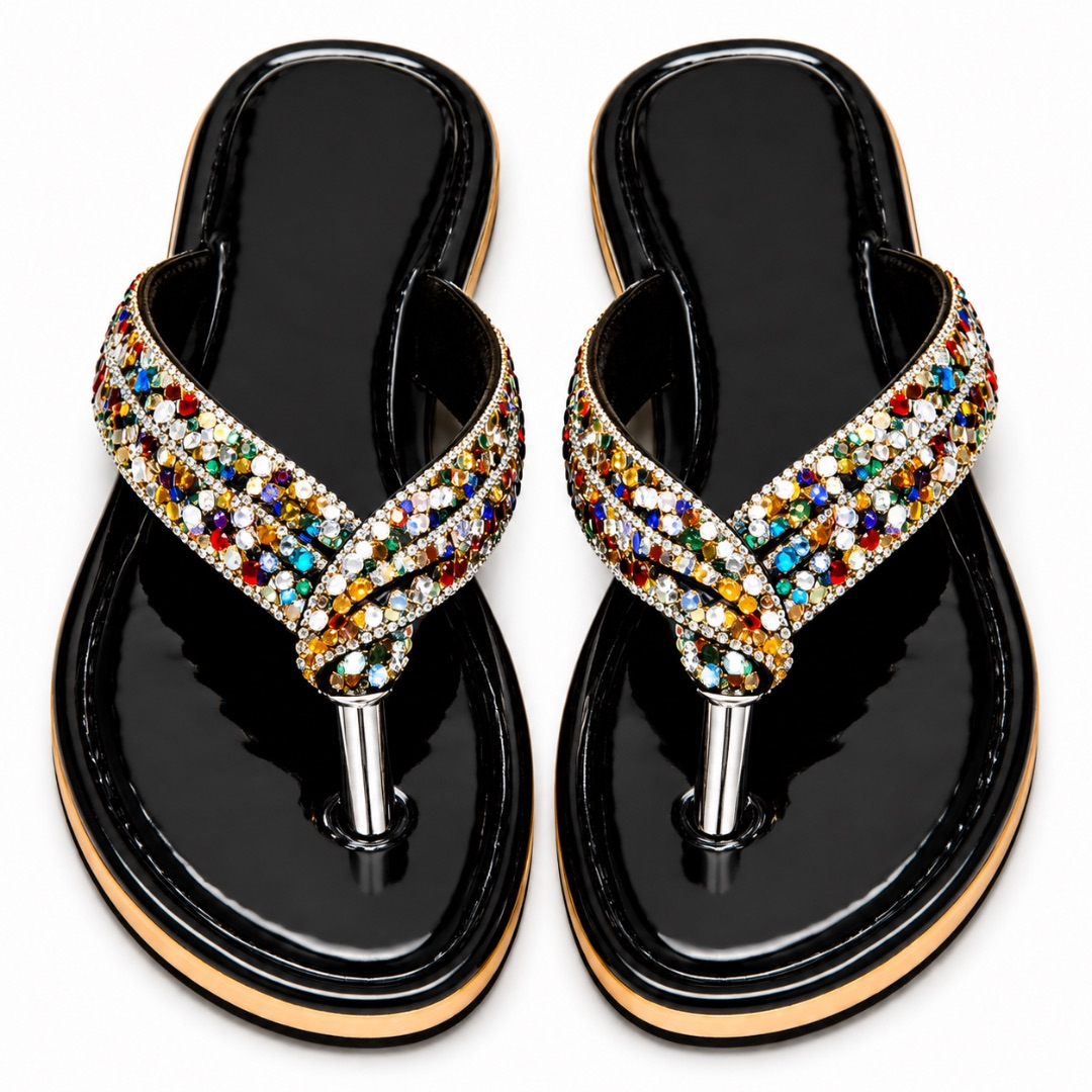 Women Multicolor Rhinestone Flat Thong Sandals