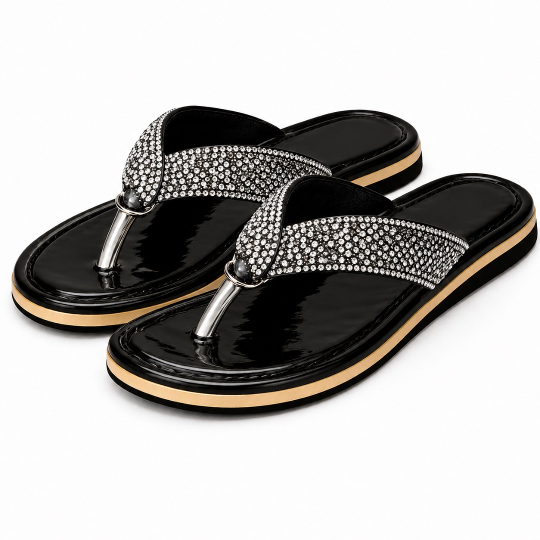 Women Black Rhinestone Flat Thong Sandals