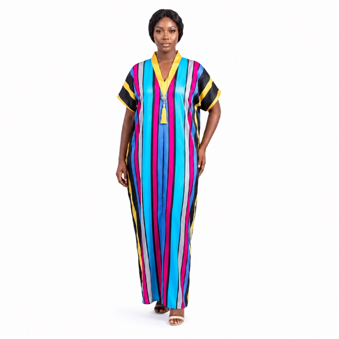 Multicolor Striped Kaftan Maxi Dress with Tassel Detail
