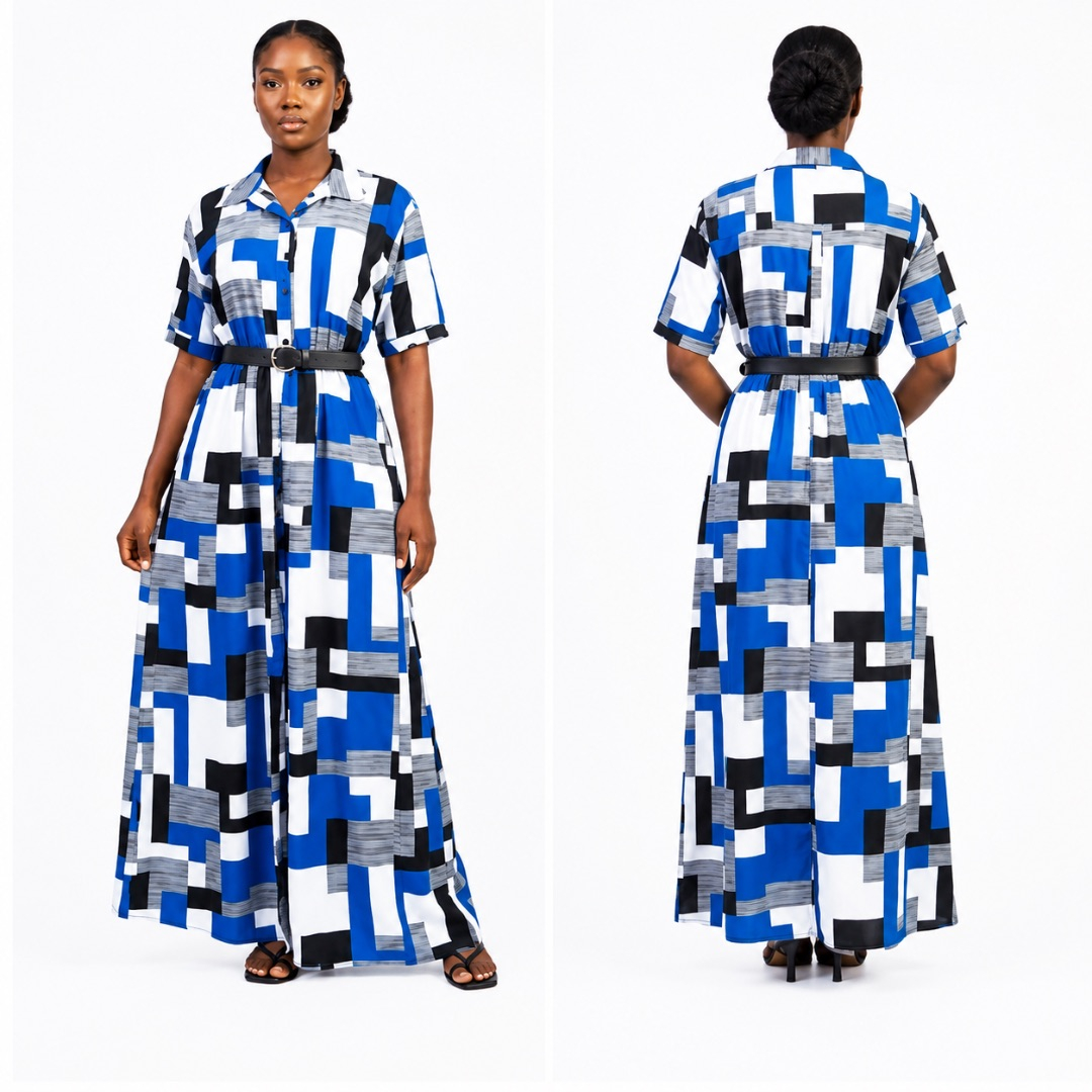 Geometric Patchwork Short Sleeve Maxi Dress with Belt