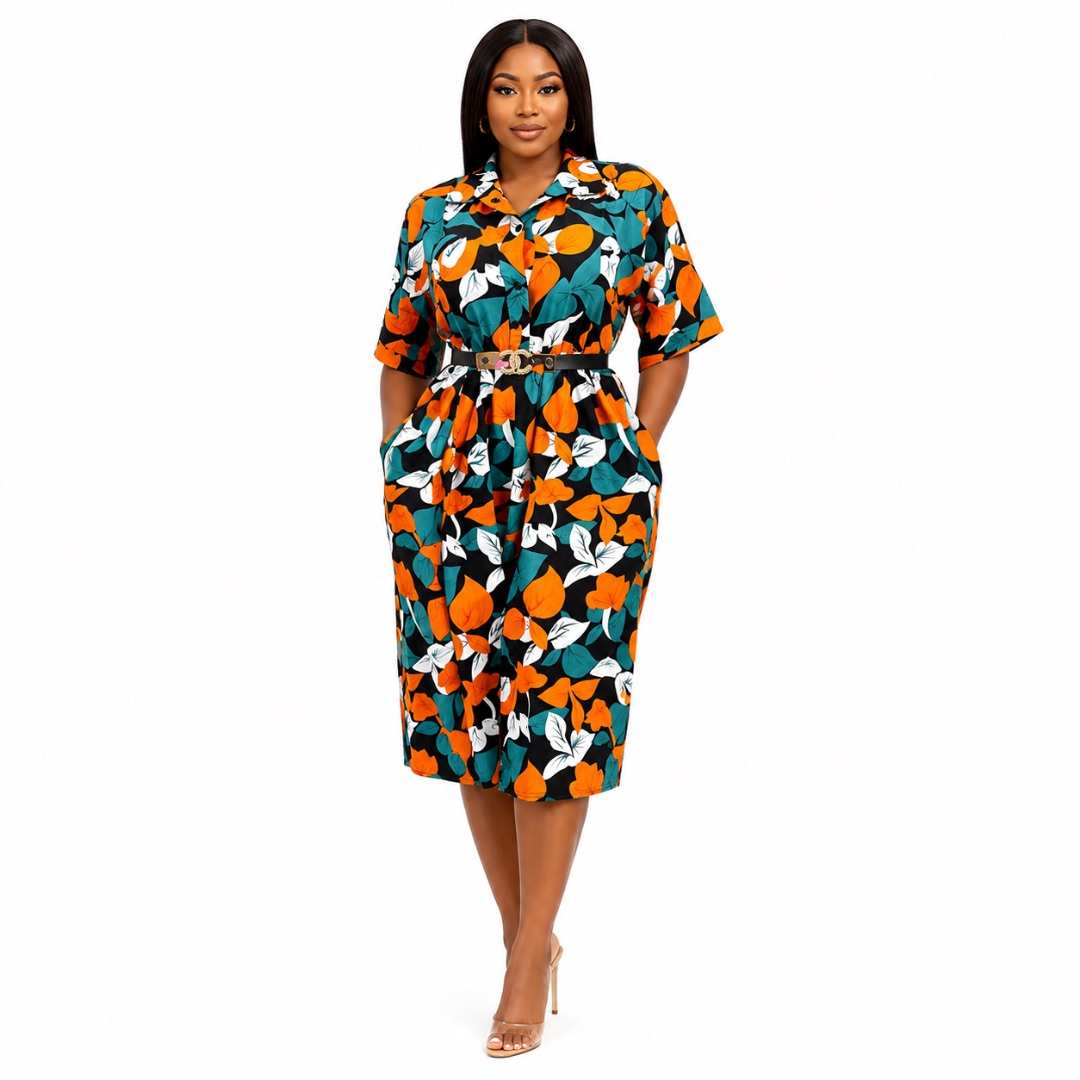 Tropical Leaf Print Shirt Dress with Contrast Waistband